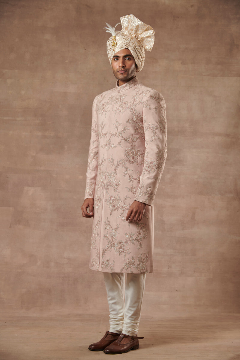 PEACH SILK EMBROIDERED SHERWANI SET 2