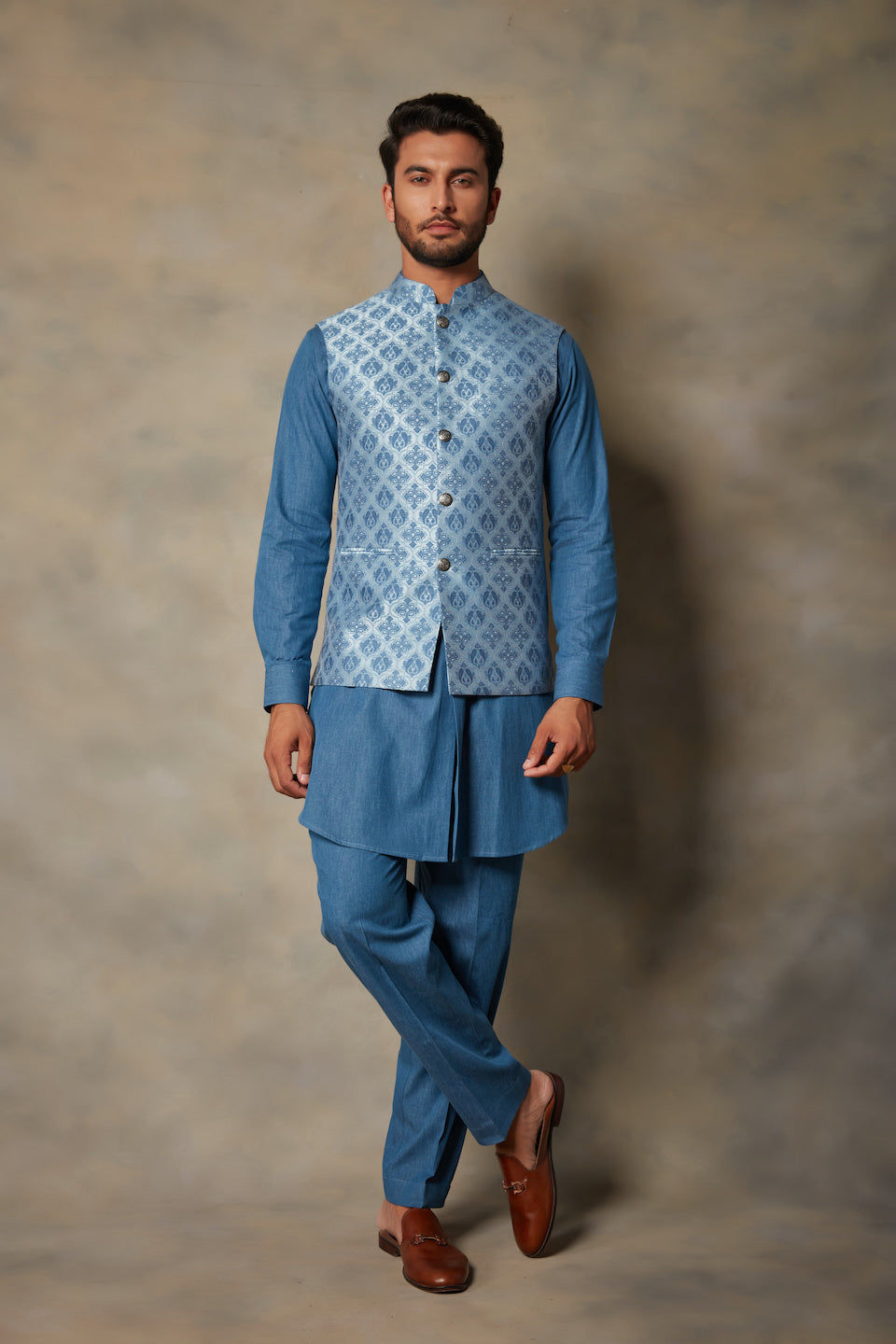 DENIM JACQUARD BUNDI SET