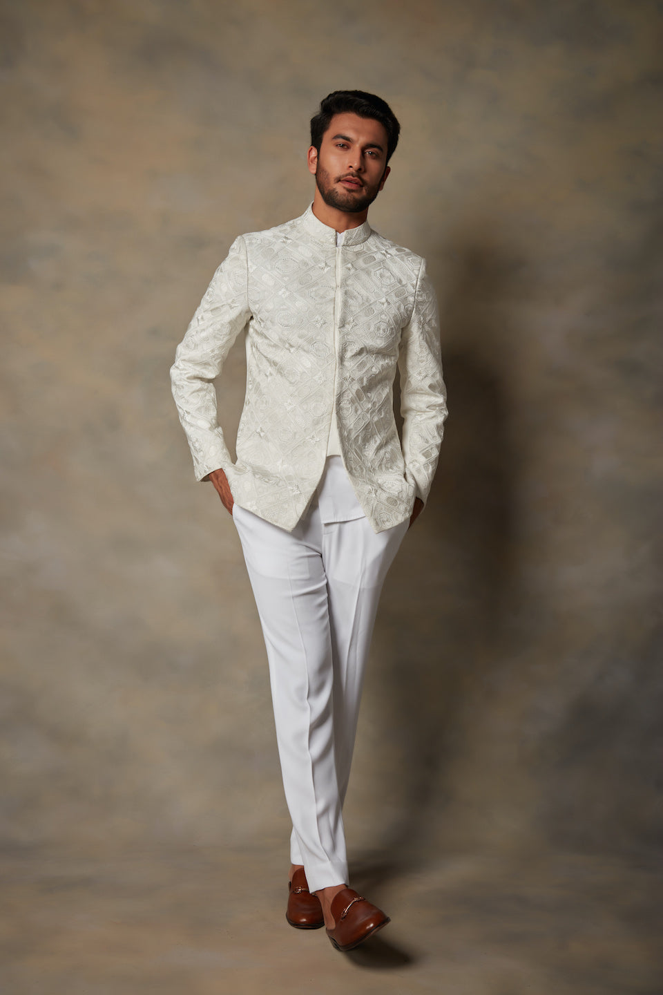 WHITE EMBROIDERED JODHPURI SET