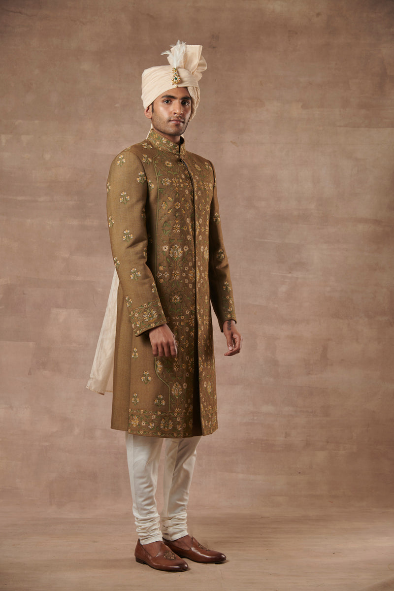 MEHENDI SILK EMBROIDERED SHERWANI SET 2