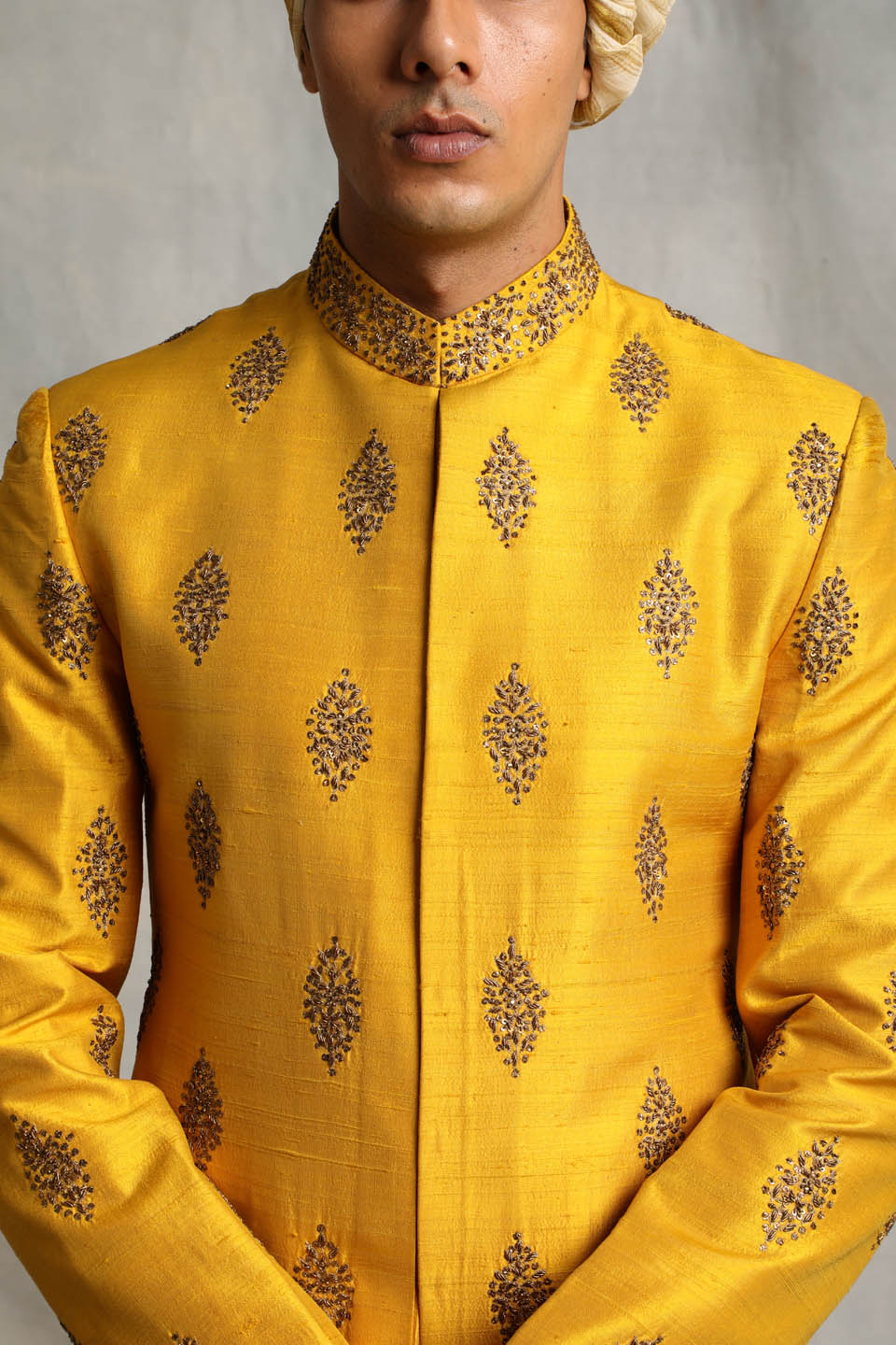 YELLOW EMBROIDERED SILK SHERWANI SET 4