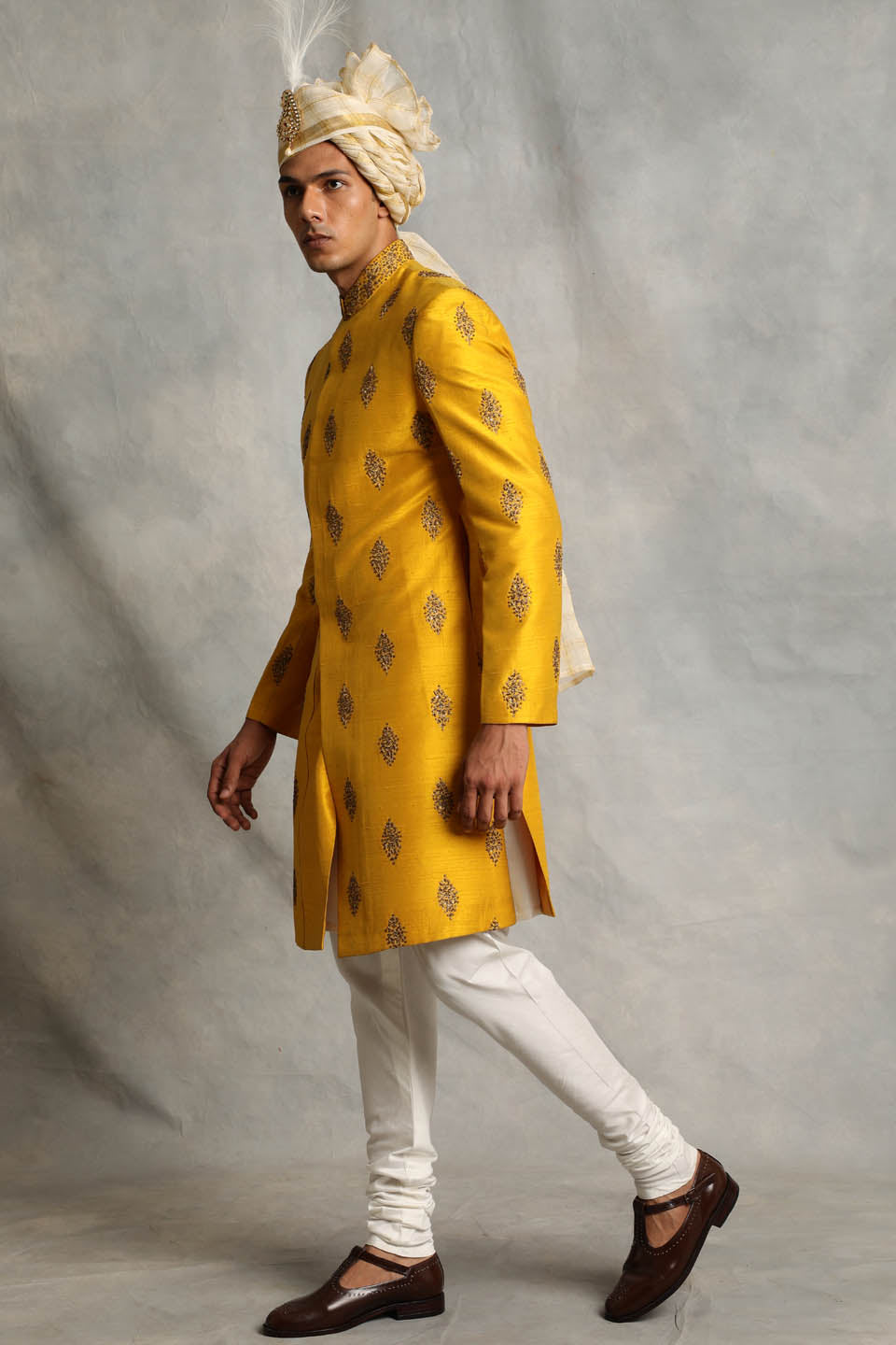 YELLOW EMBROIDERED SILK SHERWANI SET 2