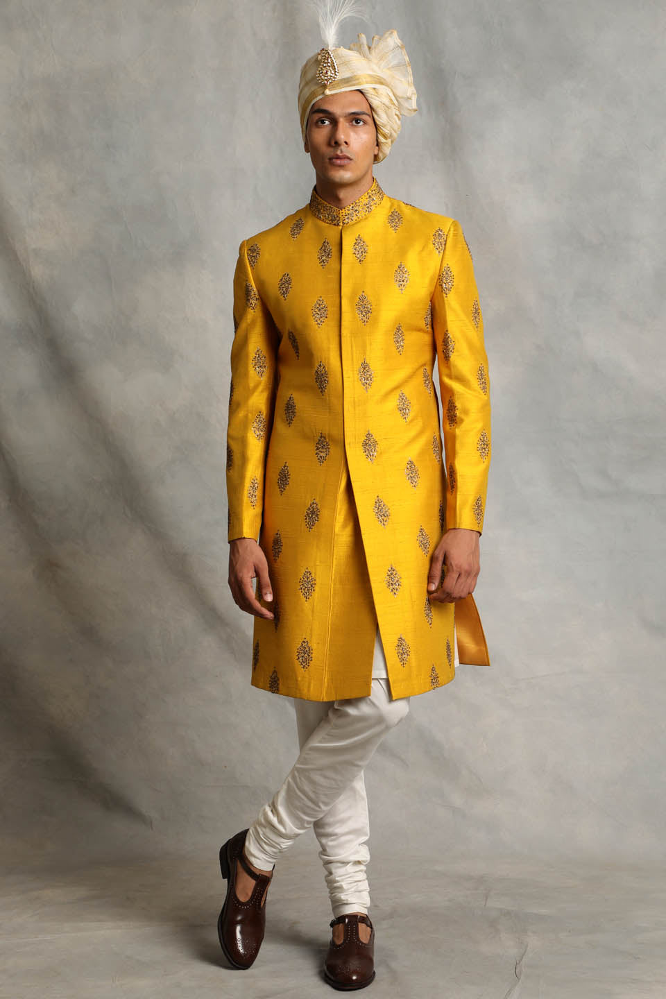 YELLOW EMBROIDERED SILK SHERWANI SET 1