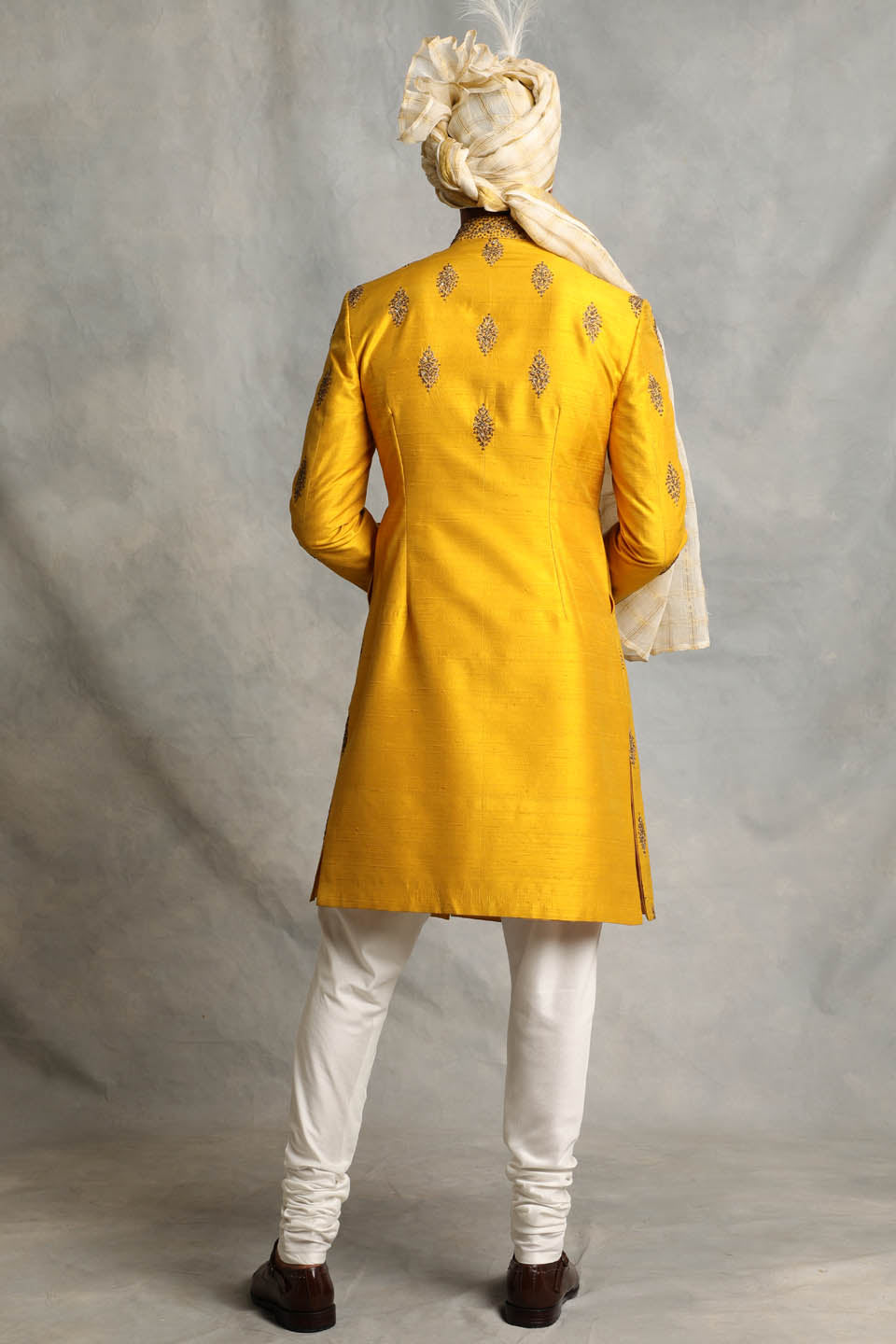 YELLOW EMBROIDERED SILK SHERWANI SET 3