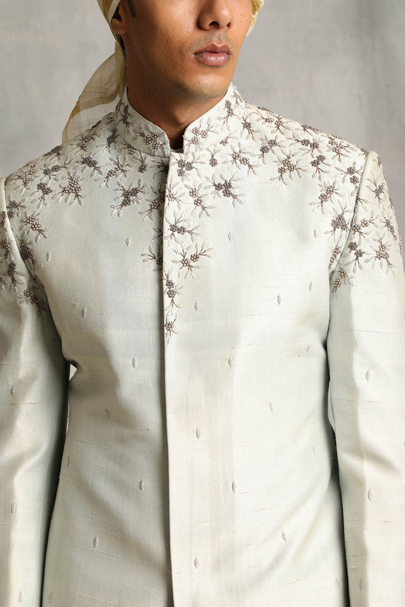 ICE BLUE EMBROIDERED SILK SHERWANI SET 2