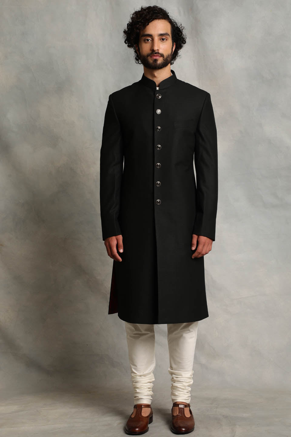 BLACK TEXTURED SHERWANI  SET 1