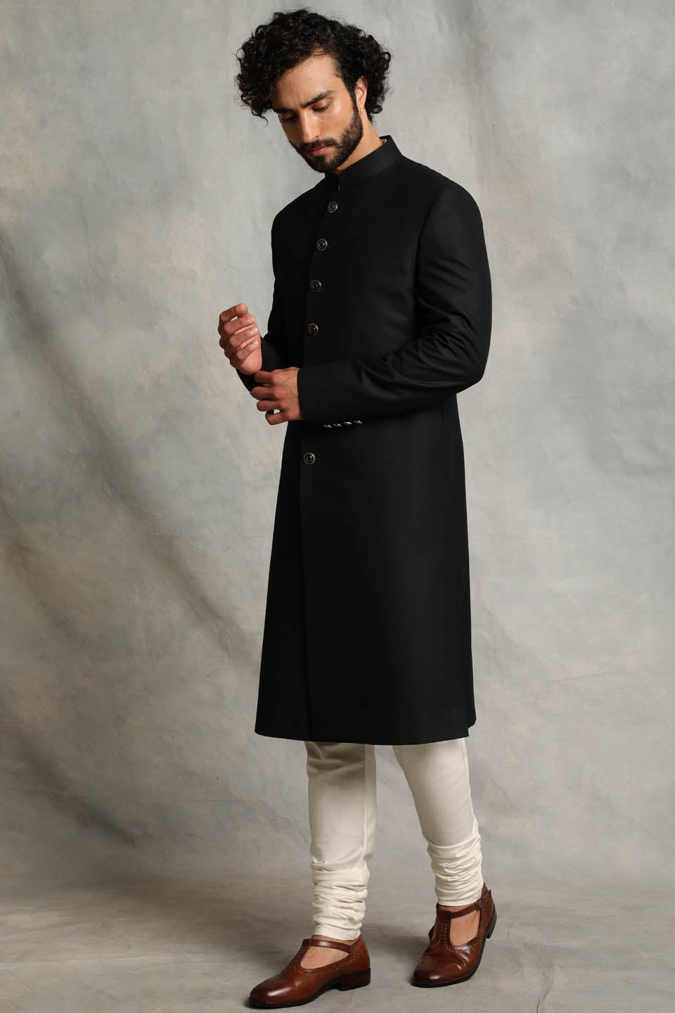 BLACK TEXTURED SHERWANI  SET 3