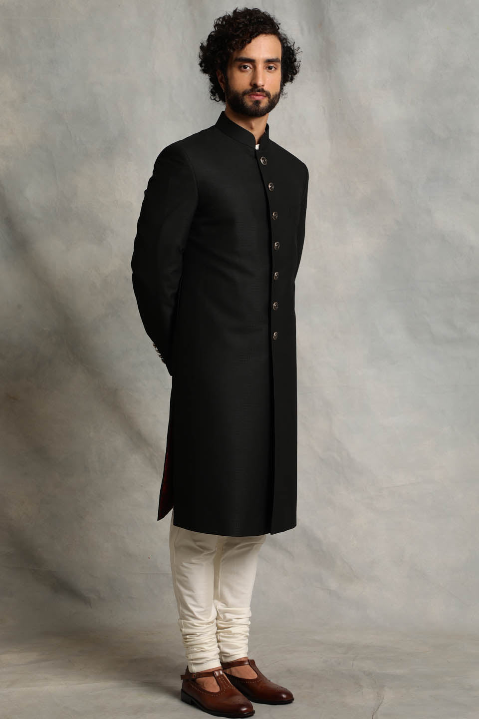 BLACK TEXTURED SHERWANI  SET 4