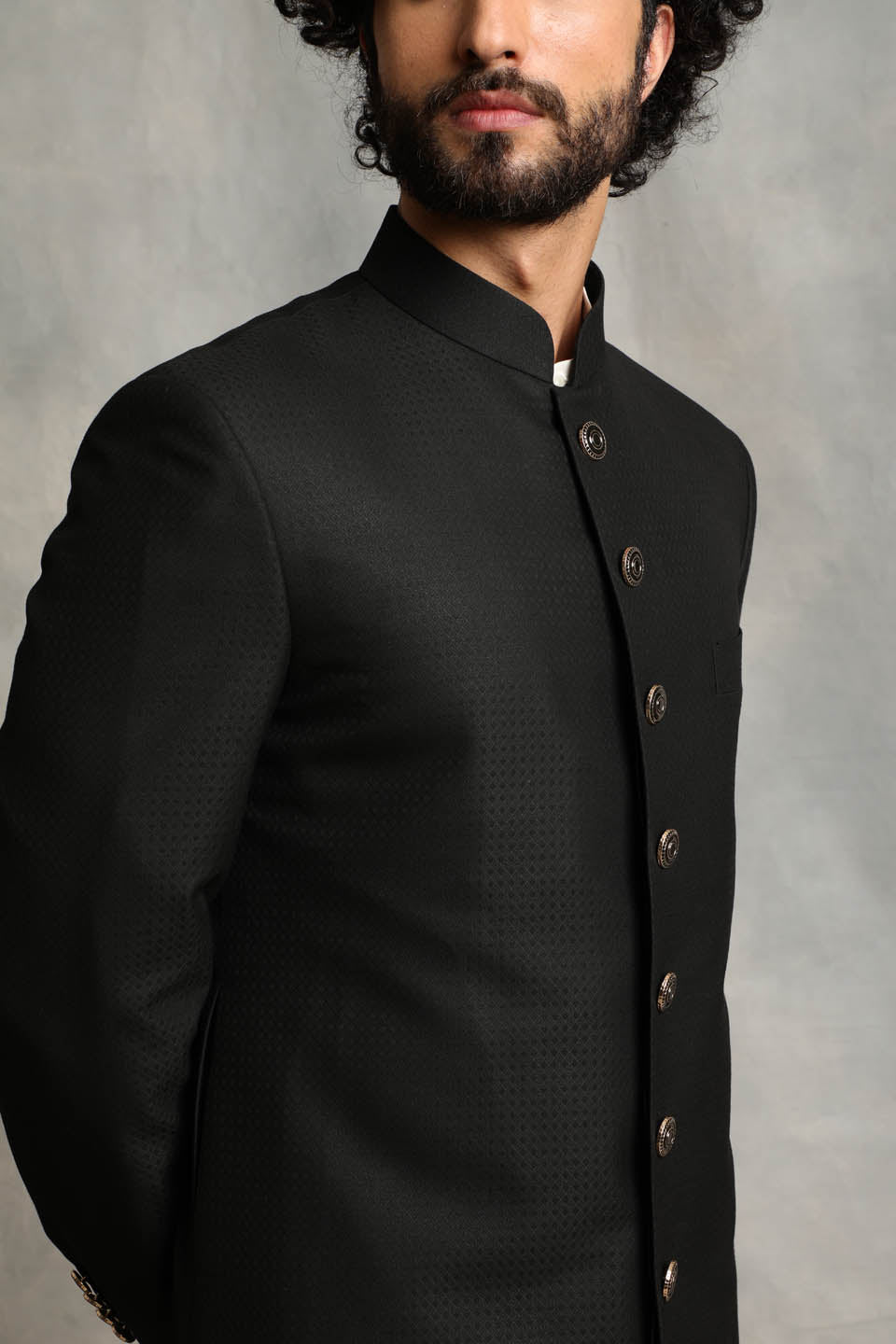 BLACK TEXTURED SHERWANI  SET 5