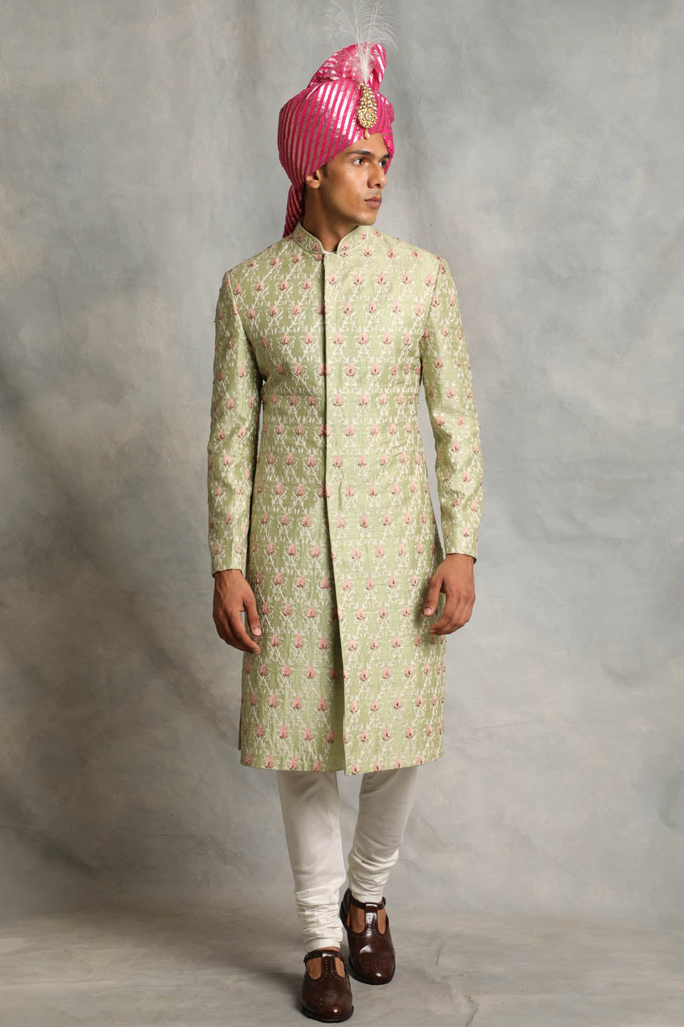 MINT EMBROIDERED SILK  SHERWANI SET 1