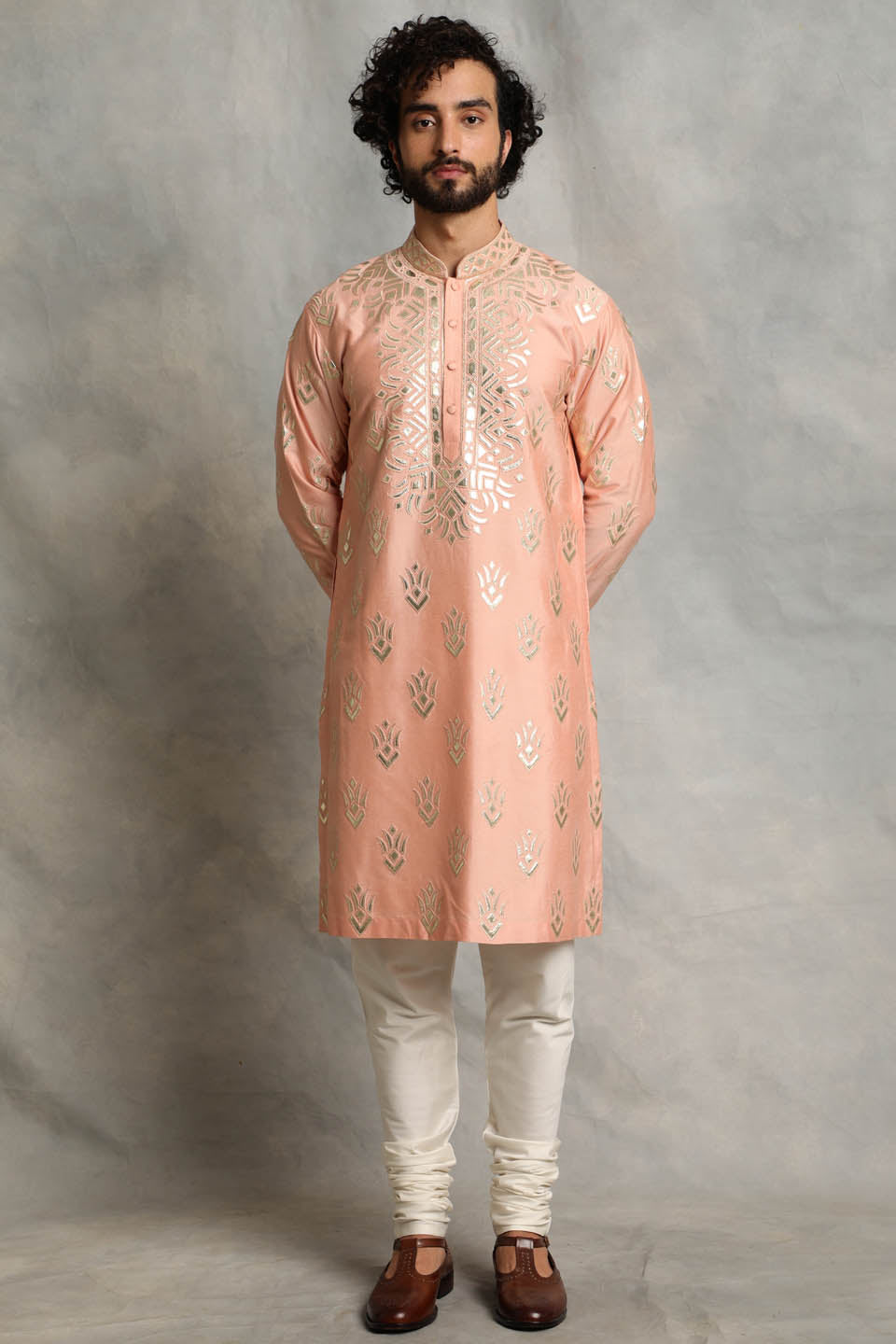 PEACH APPLIQUE SILK KURTA SET 3