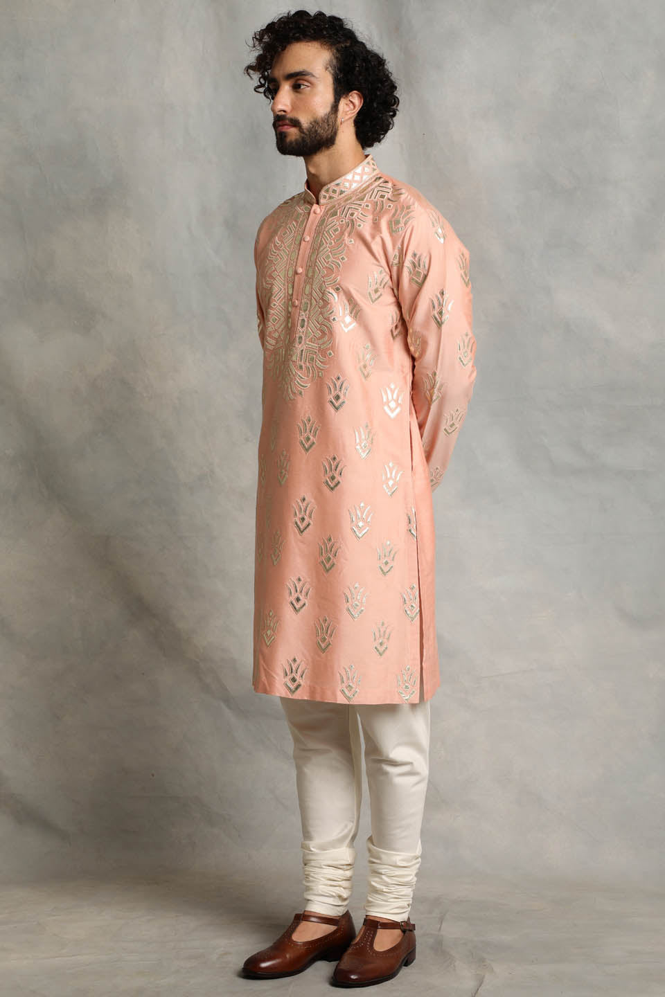 PEACH APPLIQUE SILK KURTA SET 4