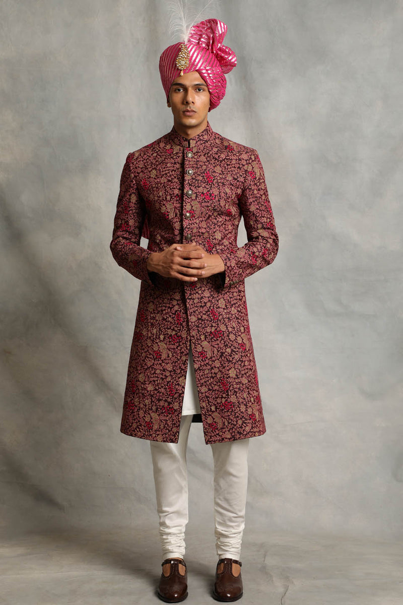 WINE EMBROIDERED SILK SHERWANI SET 1