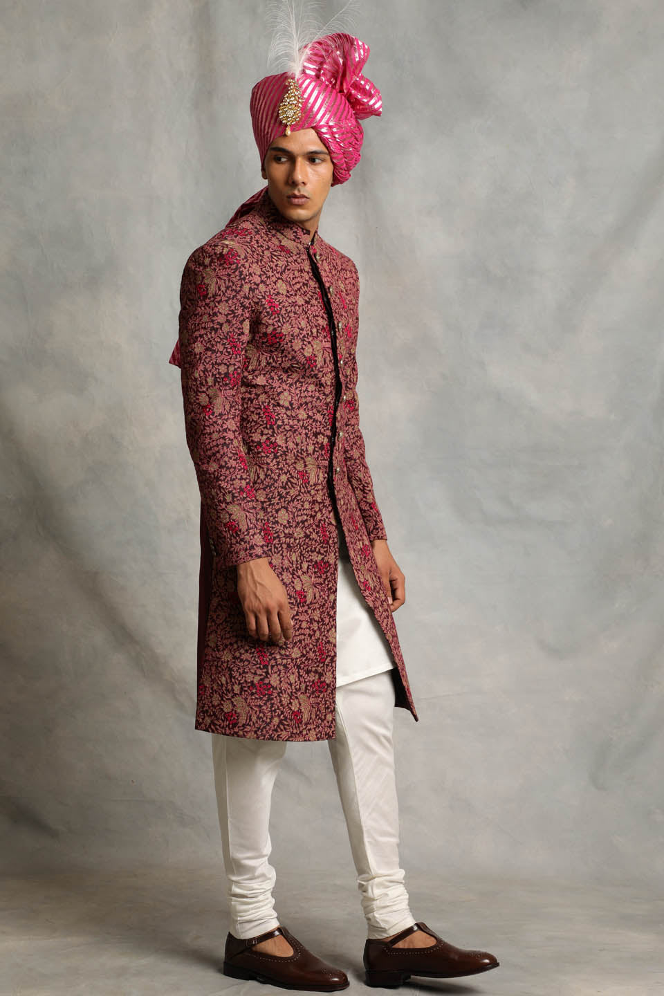 WINE EMBROIDERED SILK SHERWANI SET 3