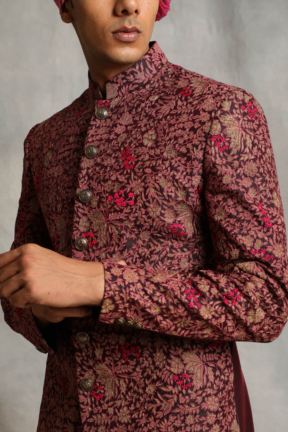 WINE EMBROIDERED SILK SHERWANI SET 4