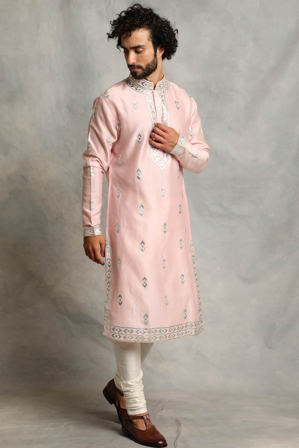 PINK APPLIQUE CHANDERI KURTA SET 3