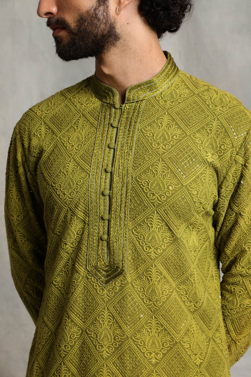 GREEN LUCKNOWI KURTA SET 5