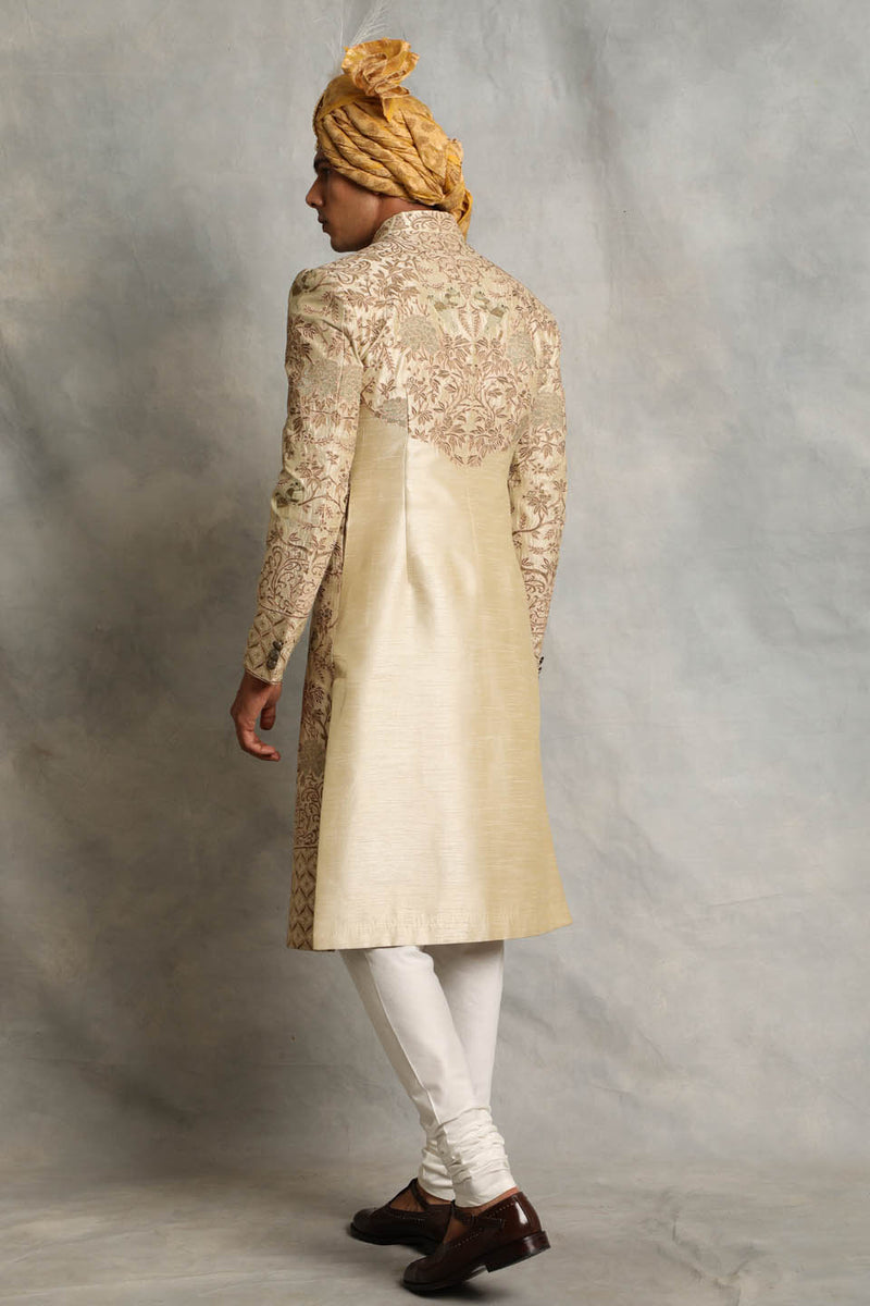 BEIGE EMBROIDERED SILK SHERWANI SET 2