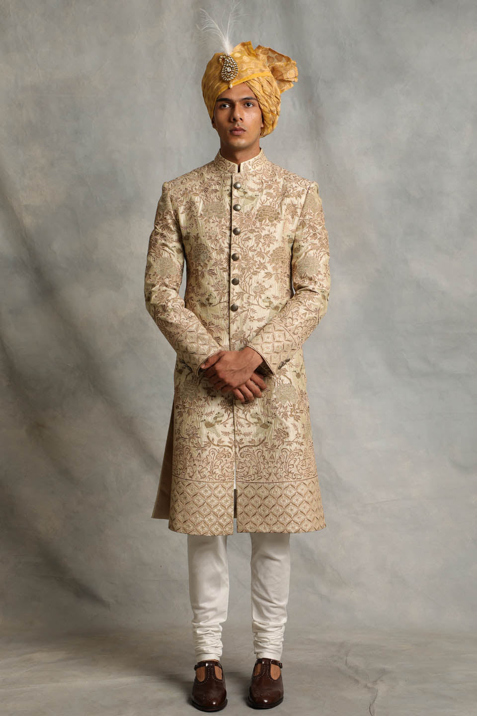 BEIGE EMBROIDERED SILK SHERWANI SET 1