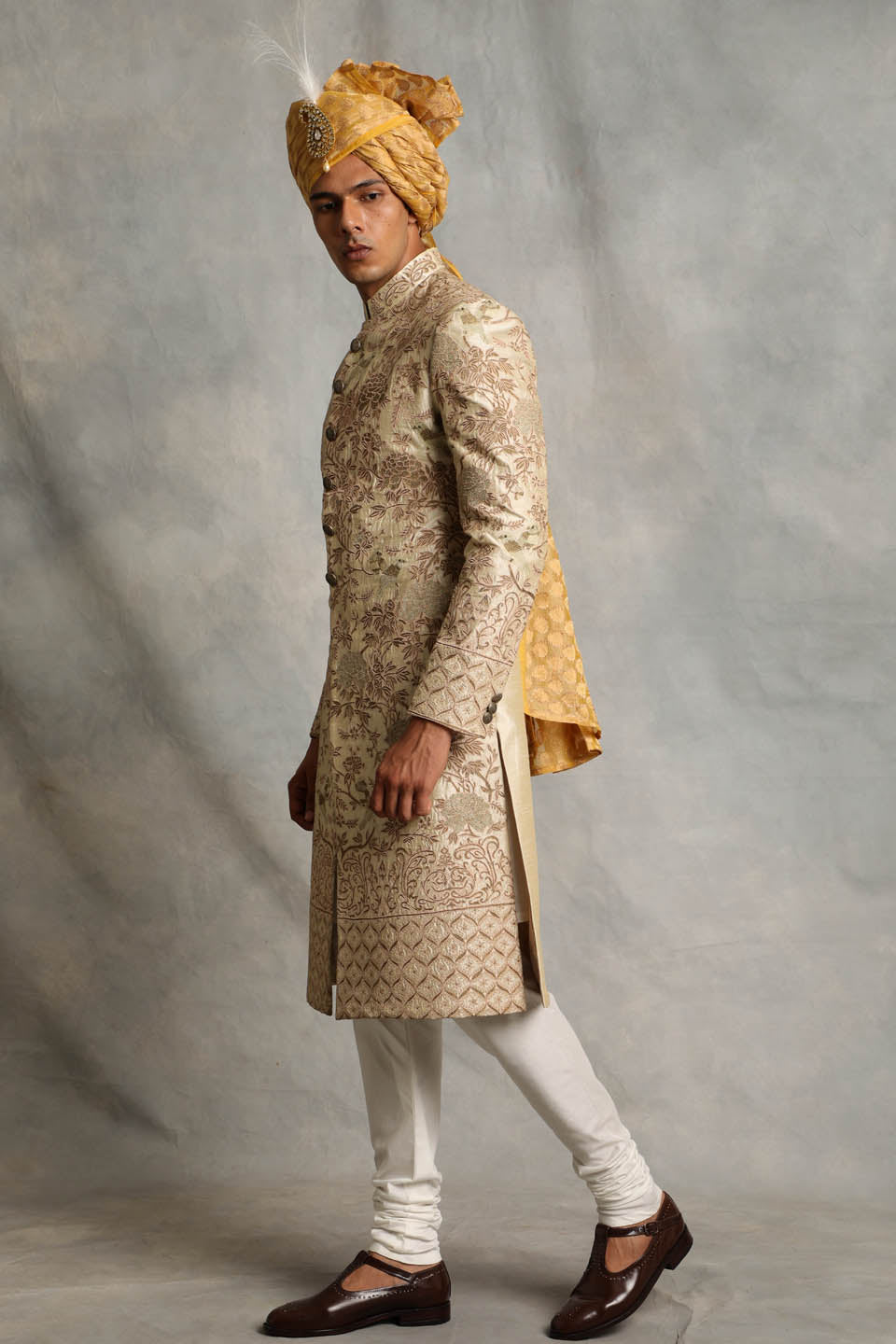 BEIGE EMBROIDERED SILK SHERWANI SET 3