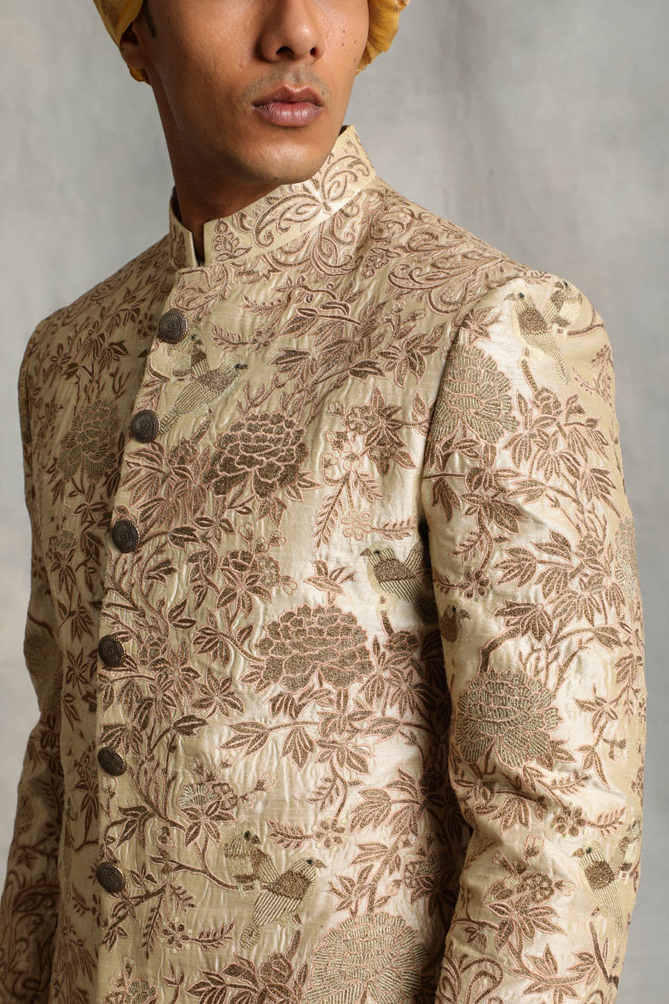 BEIGE EMBROIDERED SILK SHERWANI SET 4