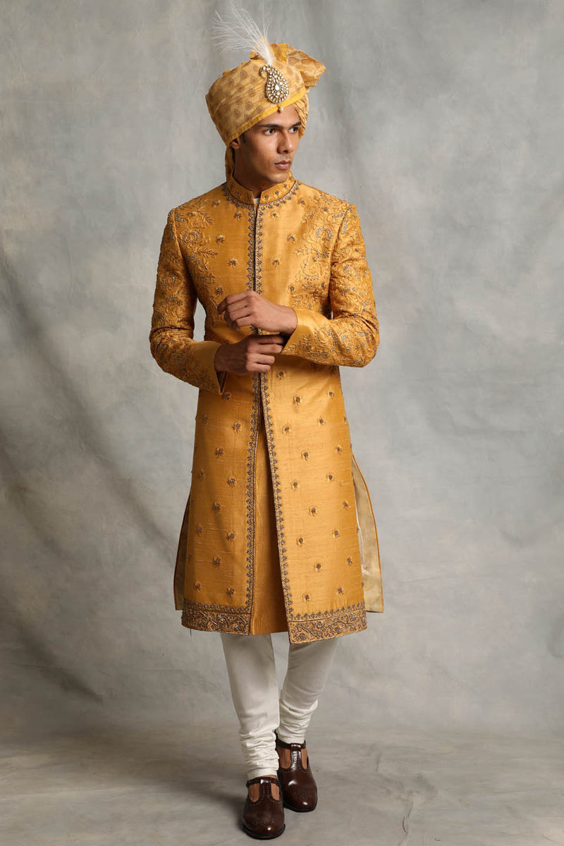 MUSTARD EMBROIDERED SILK SHERWANI SET 1