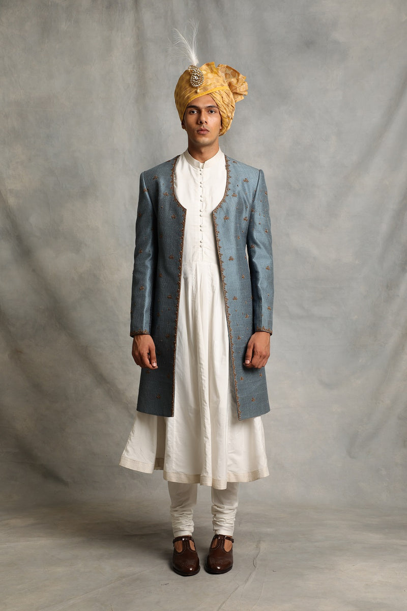 DUSTY BLUE ANGRAKHA SHERWANI SET 1