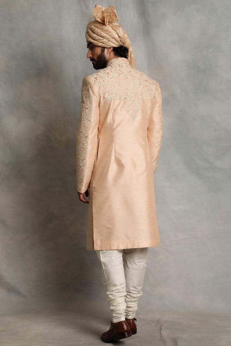 PEACH EMBROIDERED SILK SHERWANI SET 2