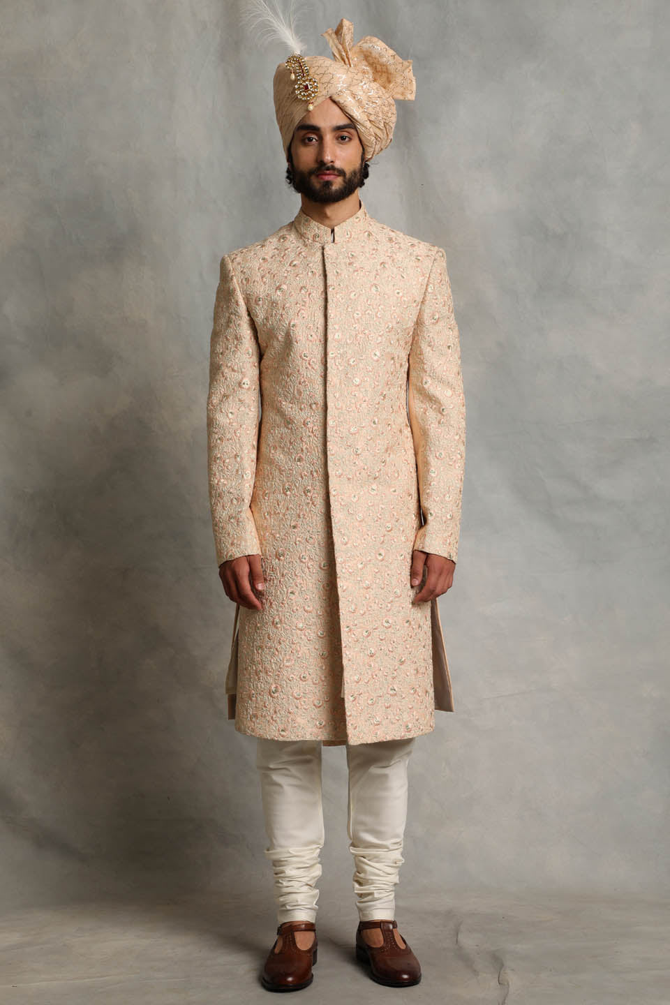 PEACH EMBROIDERED SILK SHERWANI SET 1