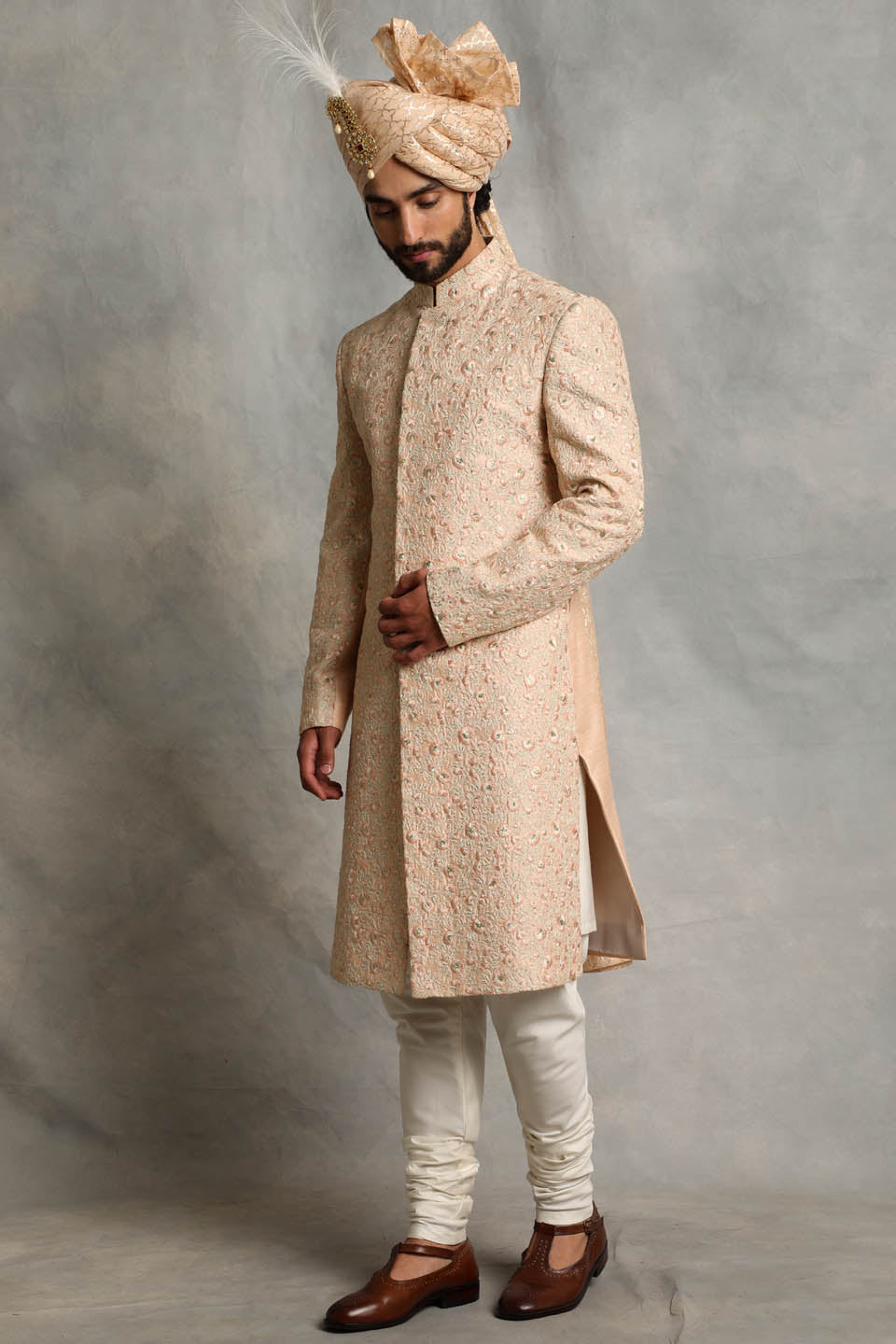 PEACH EMBROIDERED SILK SHERWANI SET 3