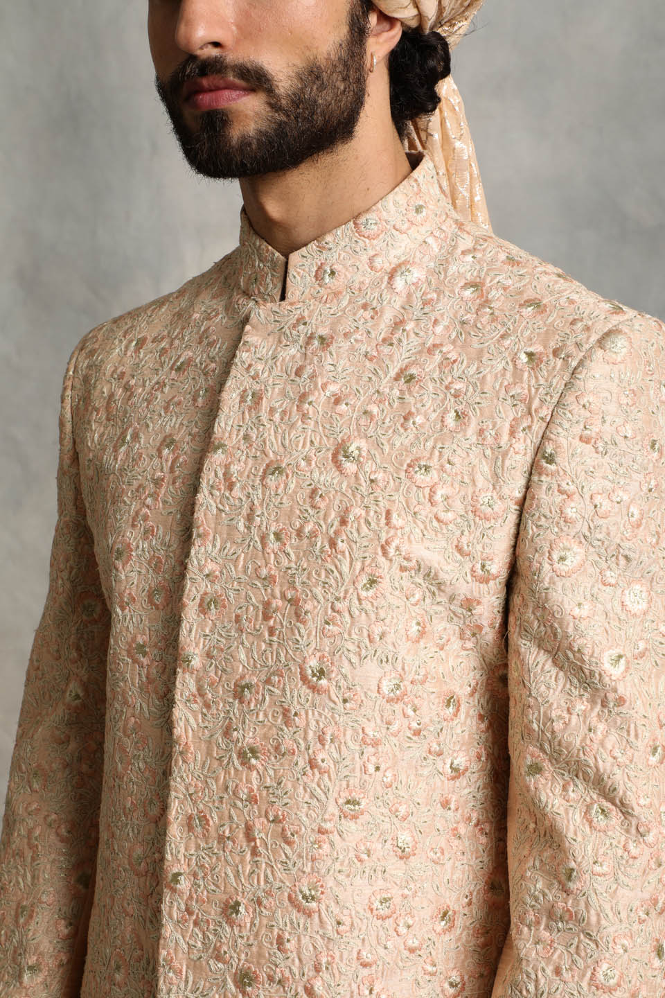 PEACH EMBROIDERED SILK SHERWANI SET 4