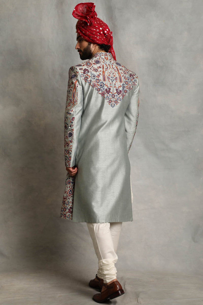 ICE BLUE EMBROIDERED SILK SHERWANI SET 2