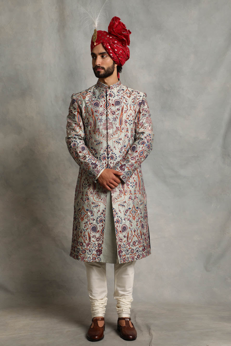 ICE BLUE EMBROIDERED SILK SHERWANI SET 1