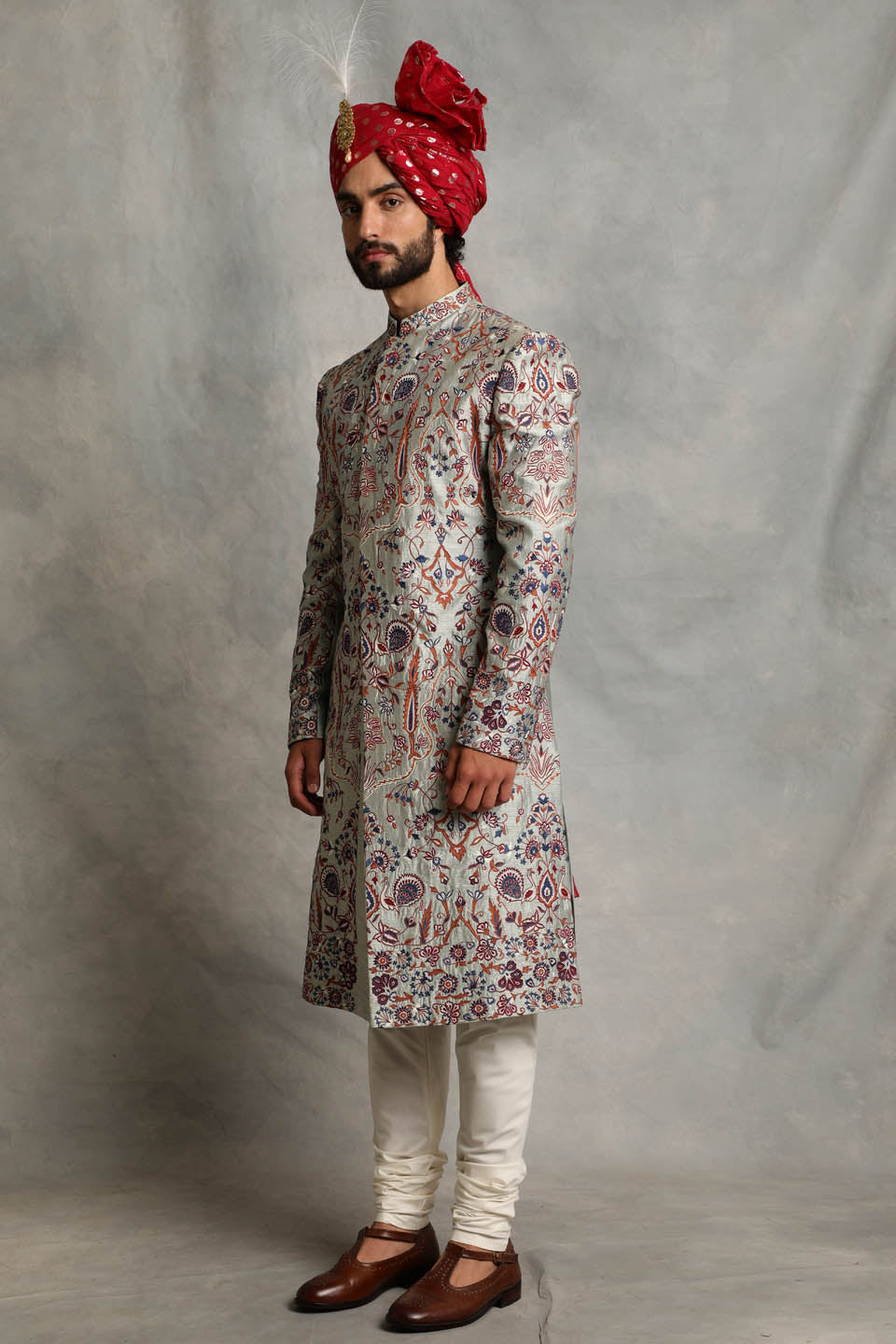 ICE BLUE EMBROIDERED SILK SHERWANI SET 3