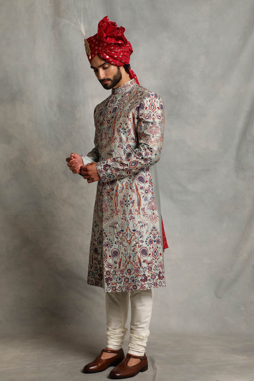 ICE BLUE EMBROIDERED SILK SHERWANI SET 4