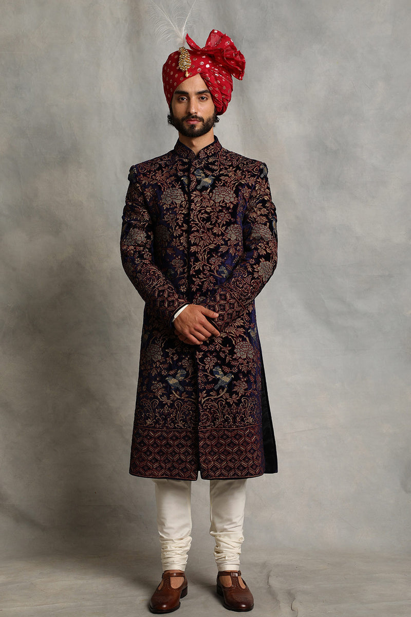 NAVY BLUE EMBROIDERED VELVET SHERWANI SET 1