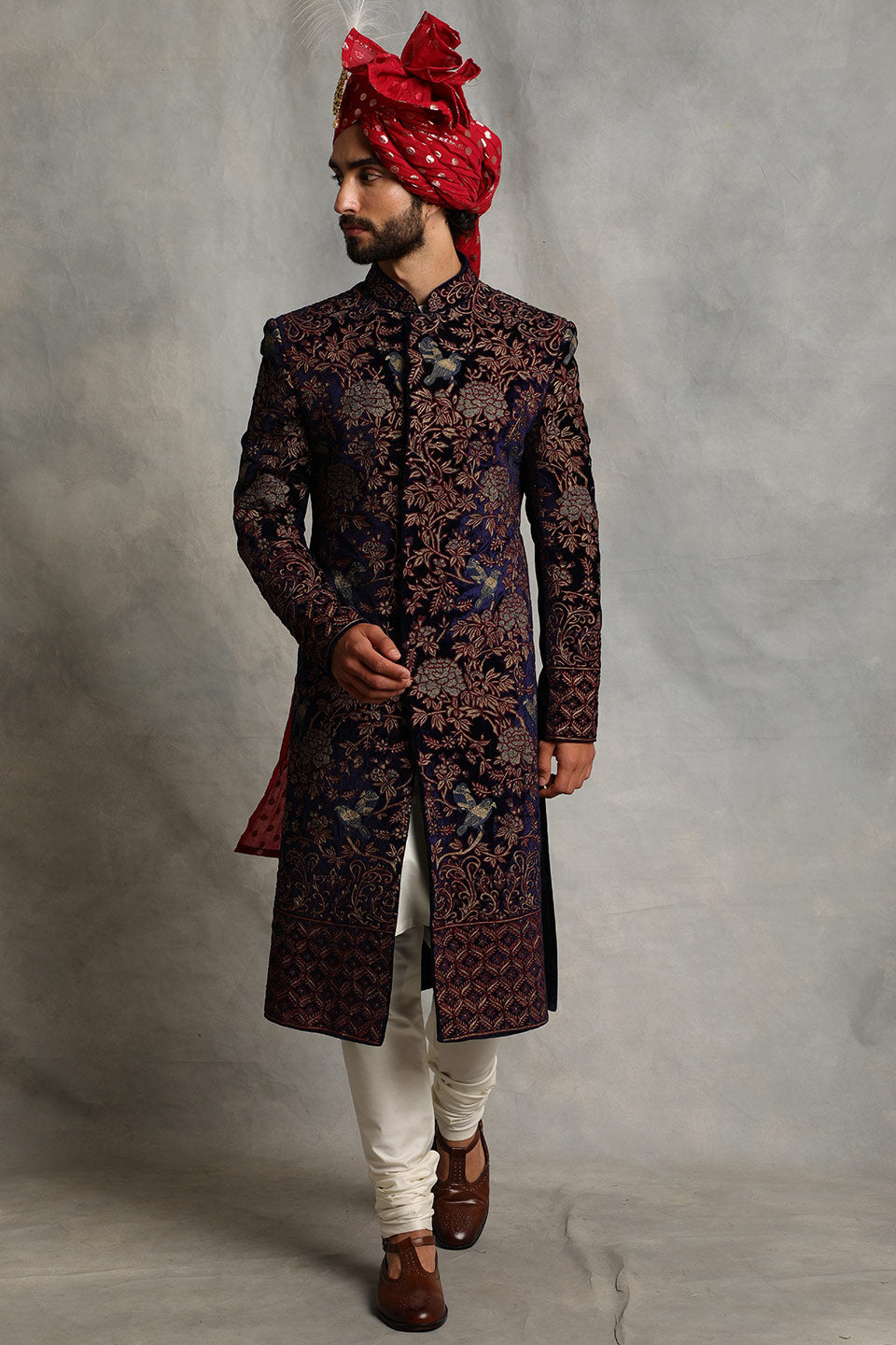 NAVY BLUE EMBROIDERED VELVET SHERWANI SET 4