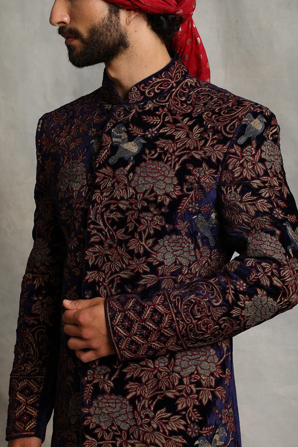 NAVY BLUE EMBROIDERED VELVET SHERWANI SET 5