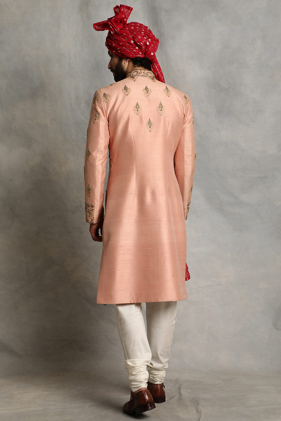 PEACH EMBROIDERED SILK SHERWANI SET 2