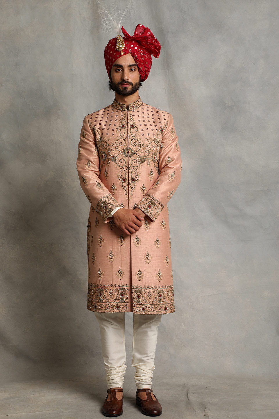 PEACH EMBROIDERED SILK SHERWANI SET 1