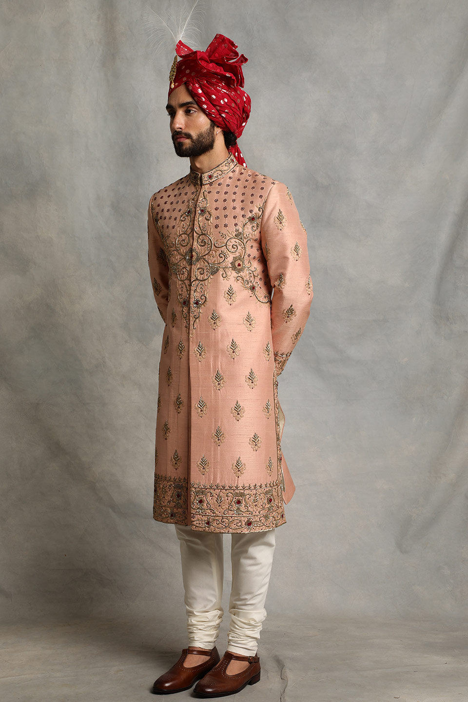 PEACH EMBROIDERED SILK SHERWANI SET 3