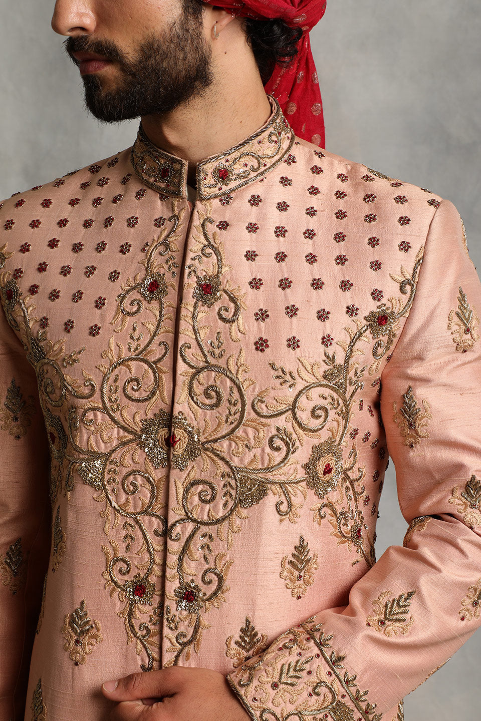 PEACH EMBROIDERED SILK SHERWANI SET 4