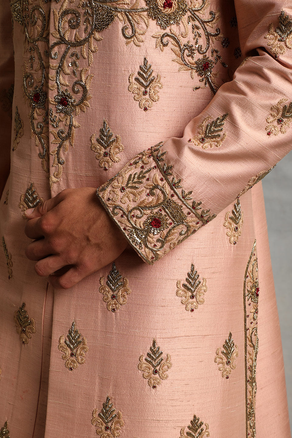 PEACH EMBROIDERED SILK SHERWANI SET 5