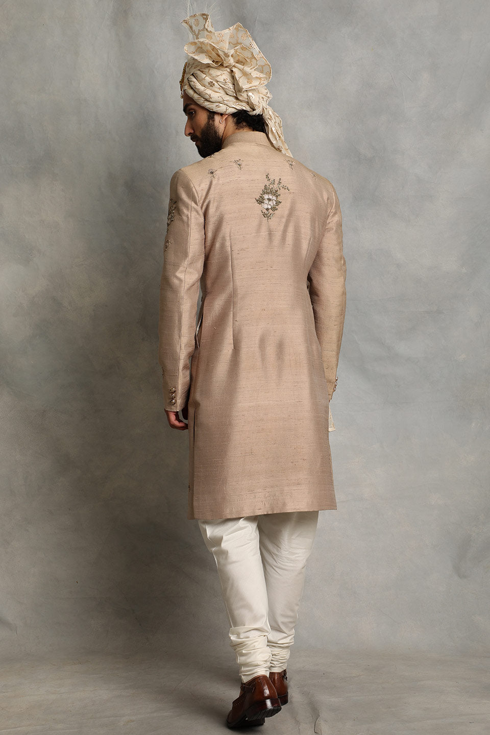 CHAMPAGNE EMBROIDERED SILK  SHERWANI SET 2