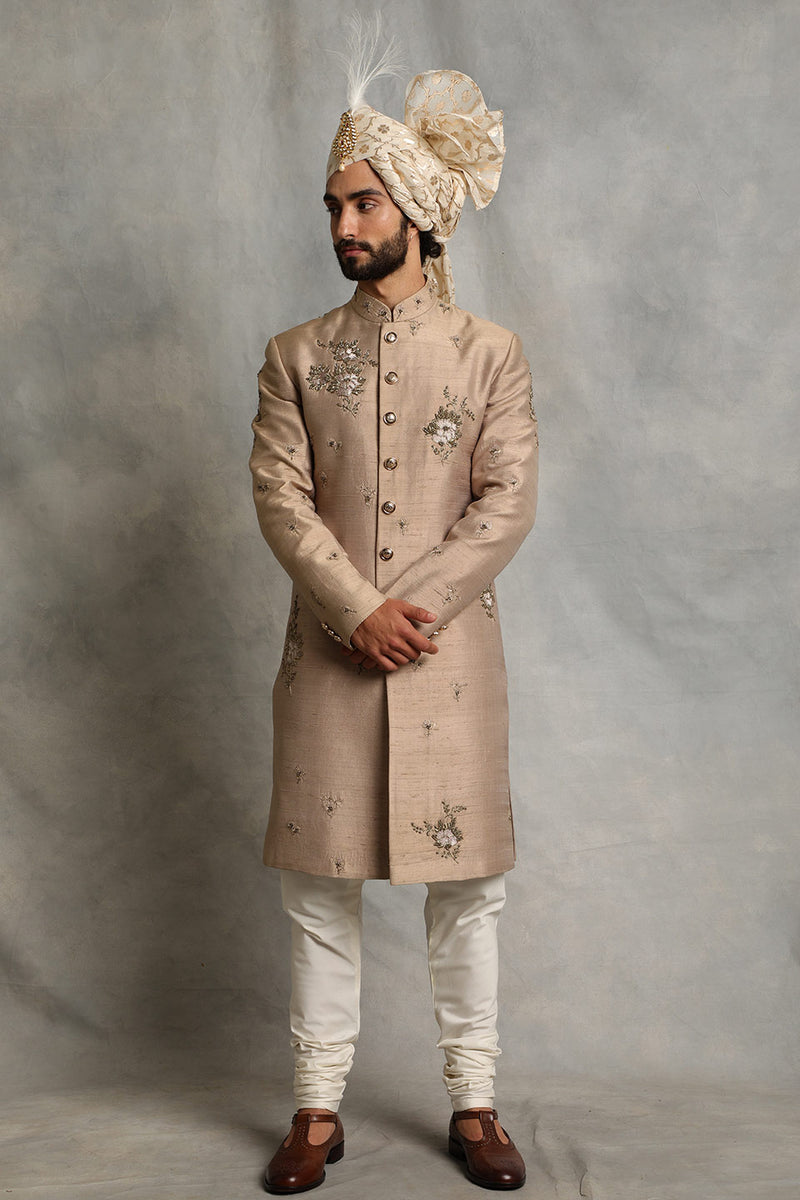 CHAMPAGNE EMBROIDERED SILK  SHERWANI SET 1