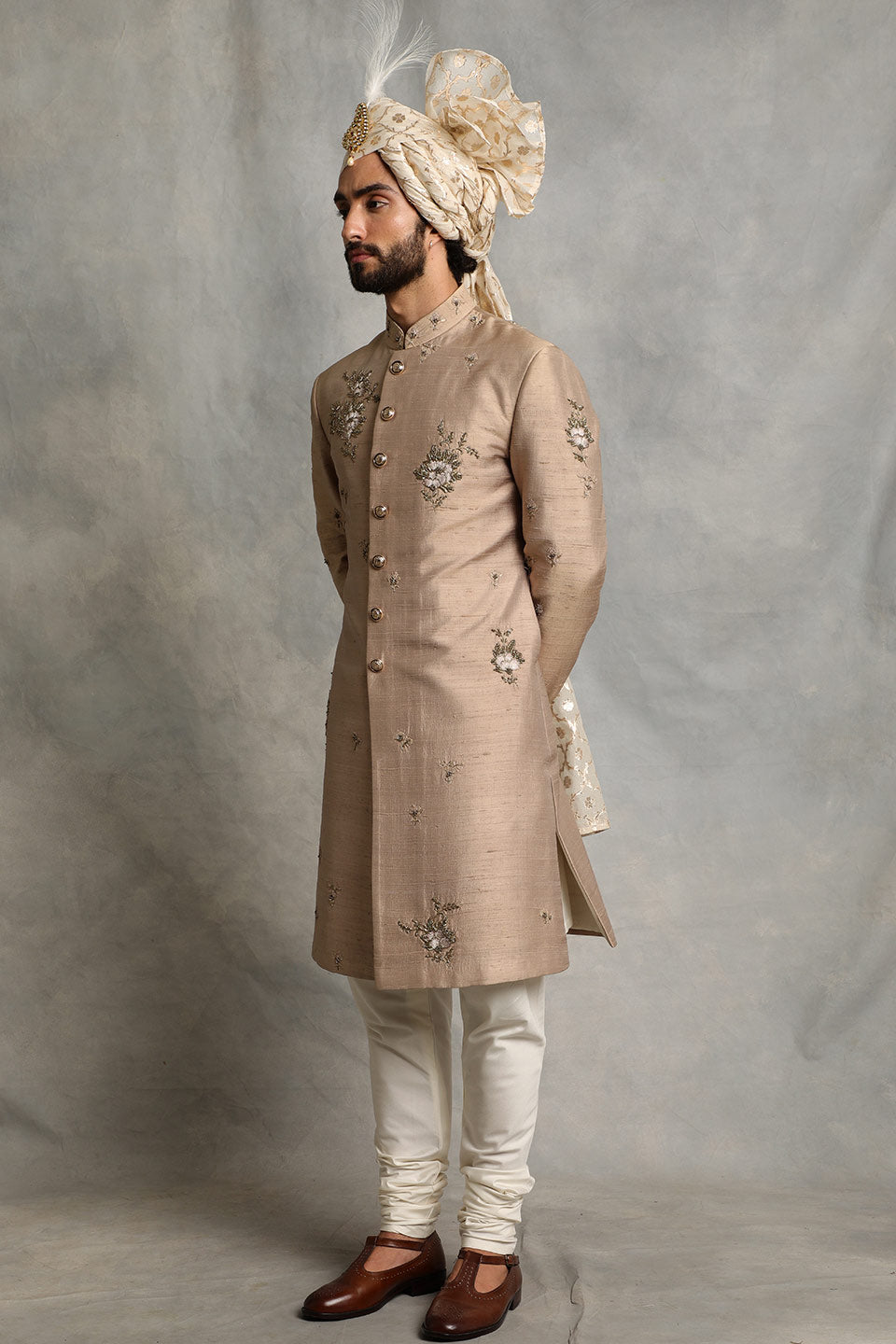 CHAMPAGNE EMBROIDERED SILK  SHERWANI SET 3