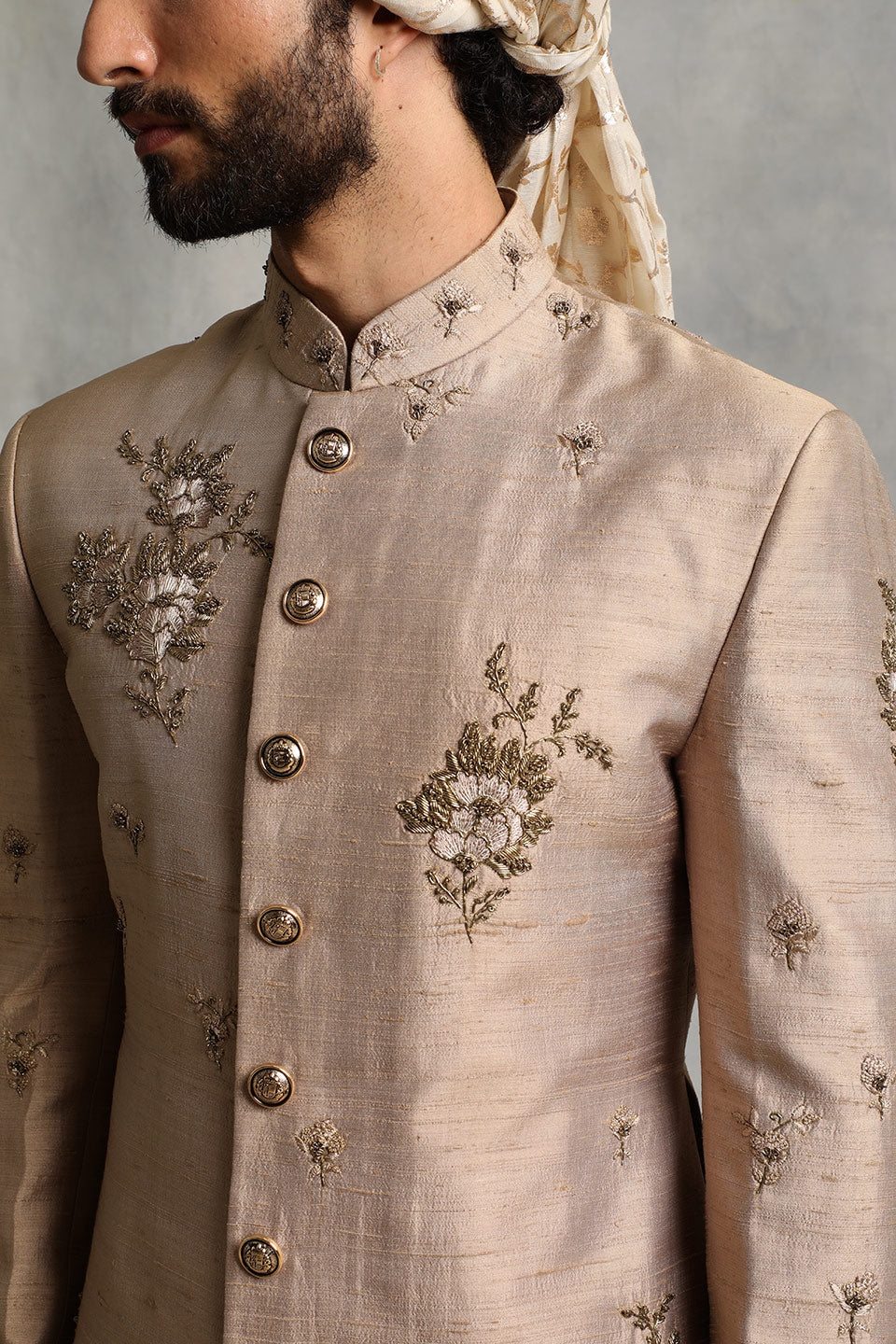 CHAMPAGNE EMBROIDERED SILK  SHERWANI SET 4