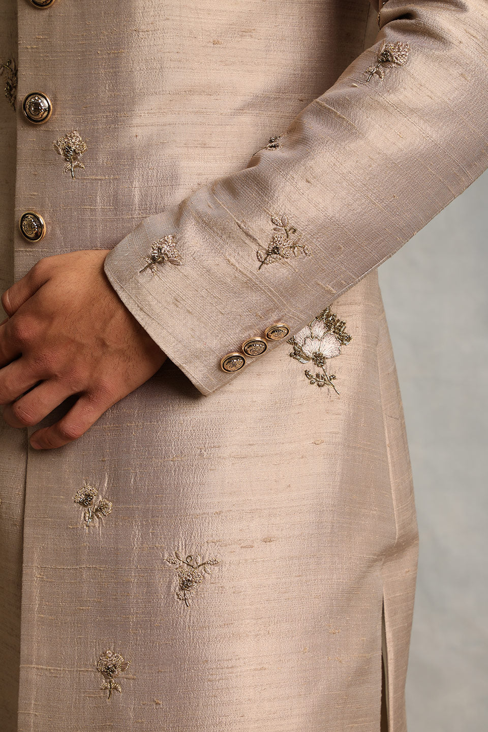 CHAMPAGNE EMBROIDERED SILK  SHERWANI SET 5