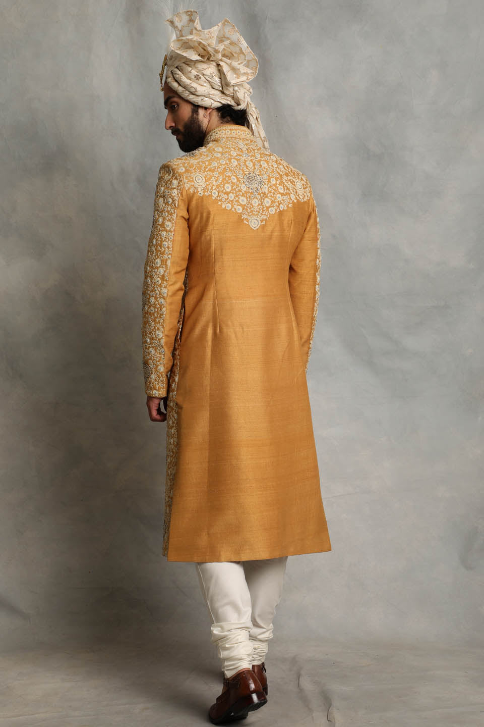 MUSTARD EMBROIDERED SILK SHERWANI SET 4