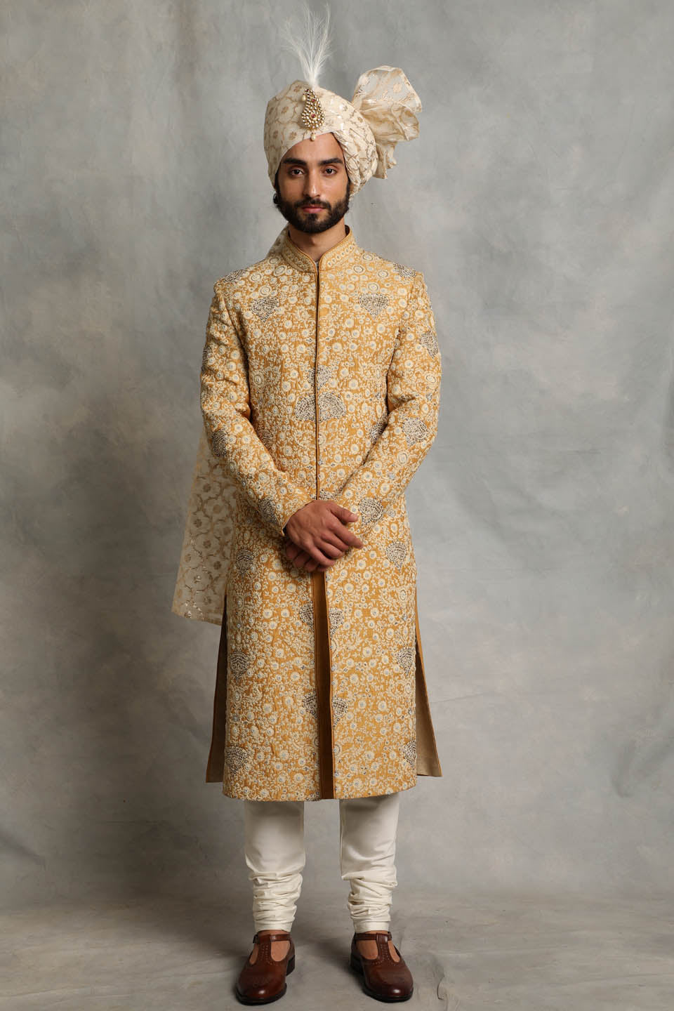 MUSTARD EMBROIDERED SILK SHERWANI SET 1